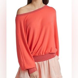 Ramy Brook Coral Metallic Trim Hilary Long Sleeve Off-the-Shoulder Top Medium